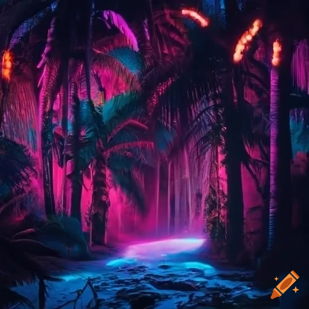 Tropical forest illuminated by neon lights at night