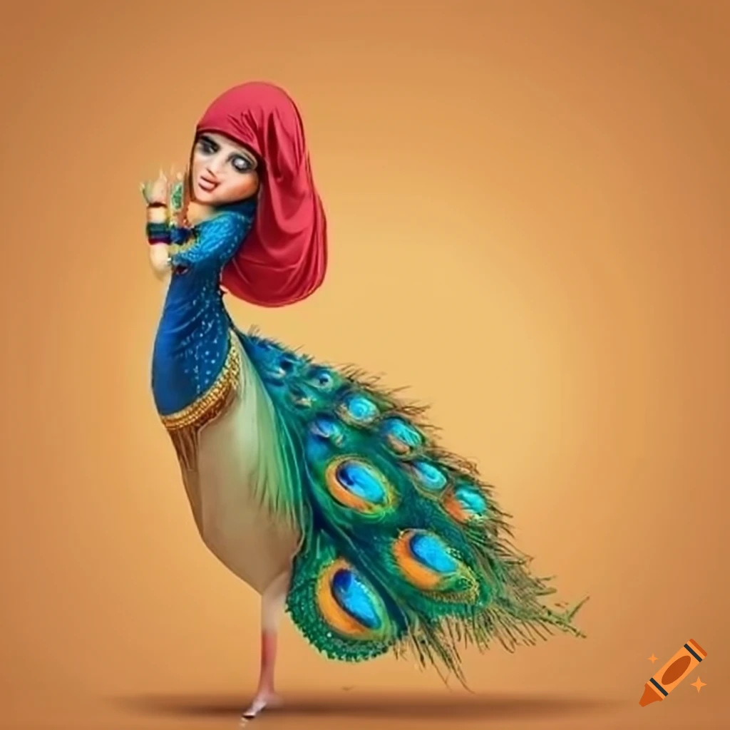 Girl in Hindu Muslim costume with a peacock on her shoulders