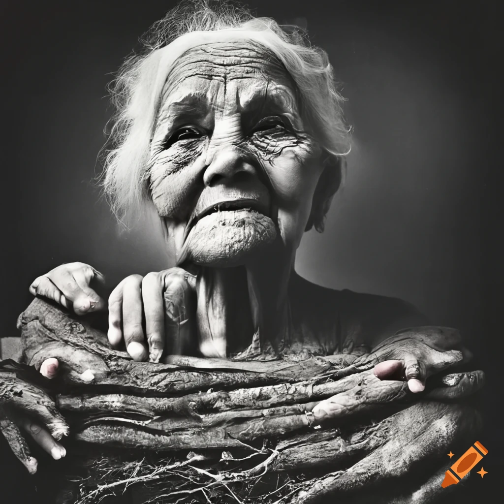 Majestic elderly woman with large root trunk holding up her feet in black and white Polaroid