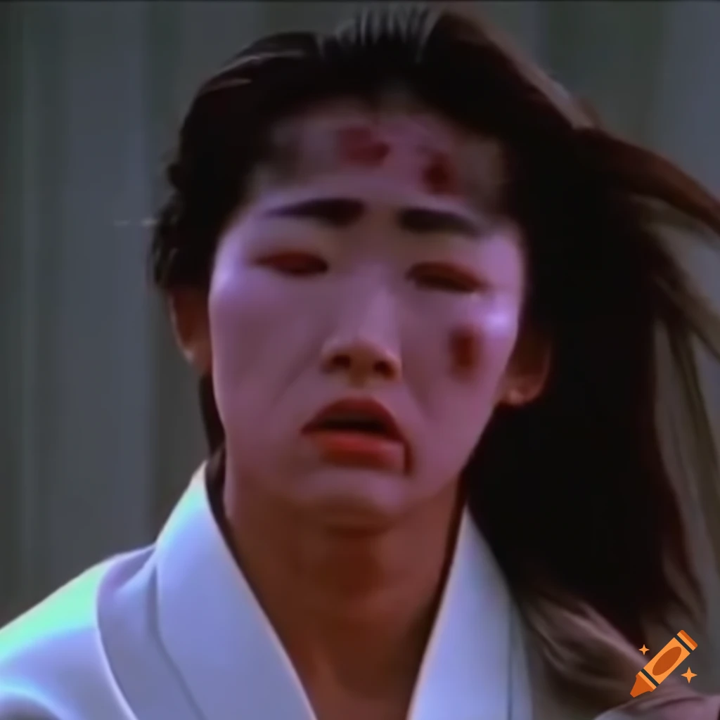 Defeated martial artist with spinning head in an 80's movie scene