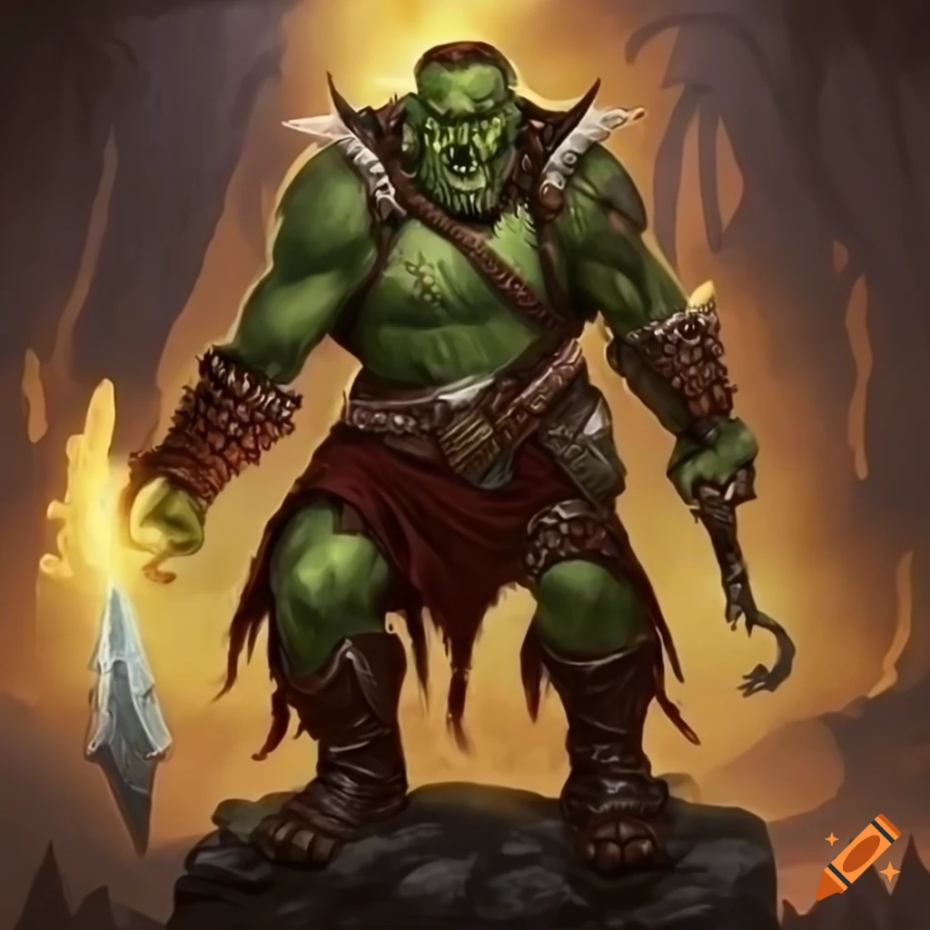 Dungeons and Dragons style hand-painted art of an orc warrior standing up