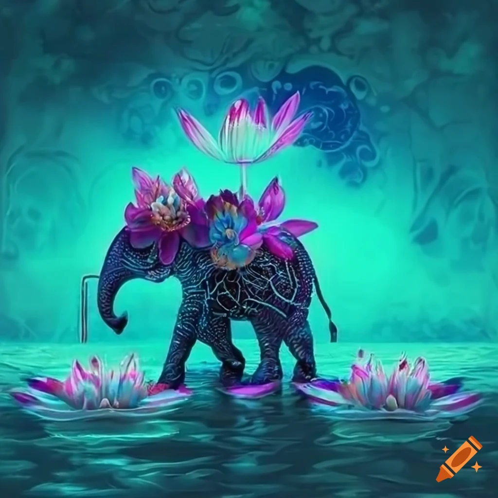 Captivating elephant among lotus flowers in neon turquoise water with dice rolling