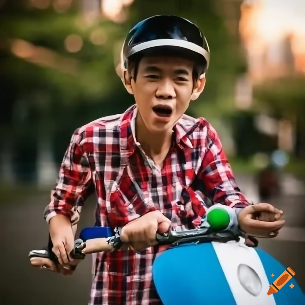 Asian man smiling and riding a child scooter with a girl on the back