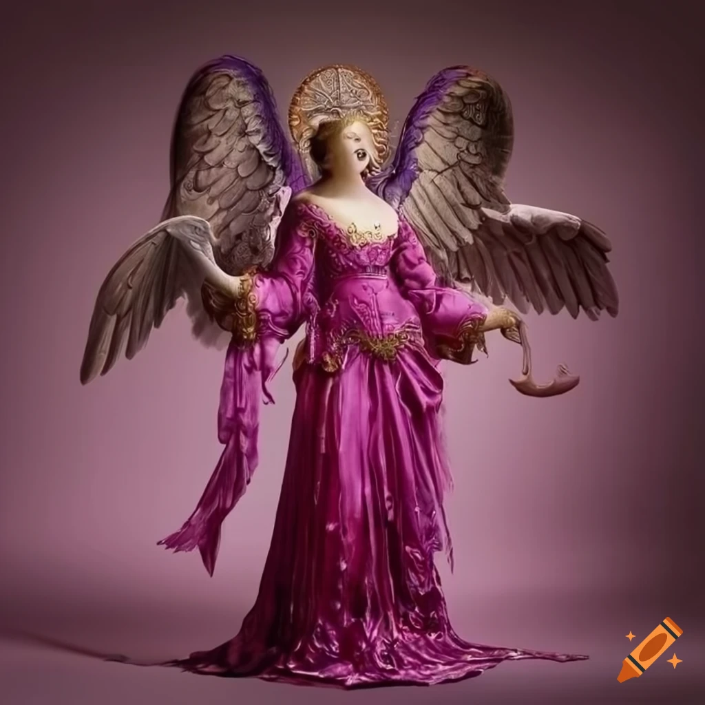 Enchanting magenta angel in elaborate attire from the Renaissance era
