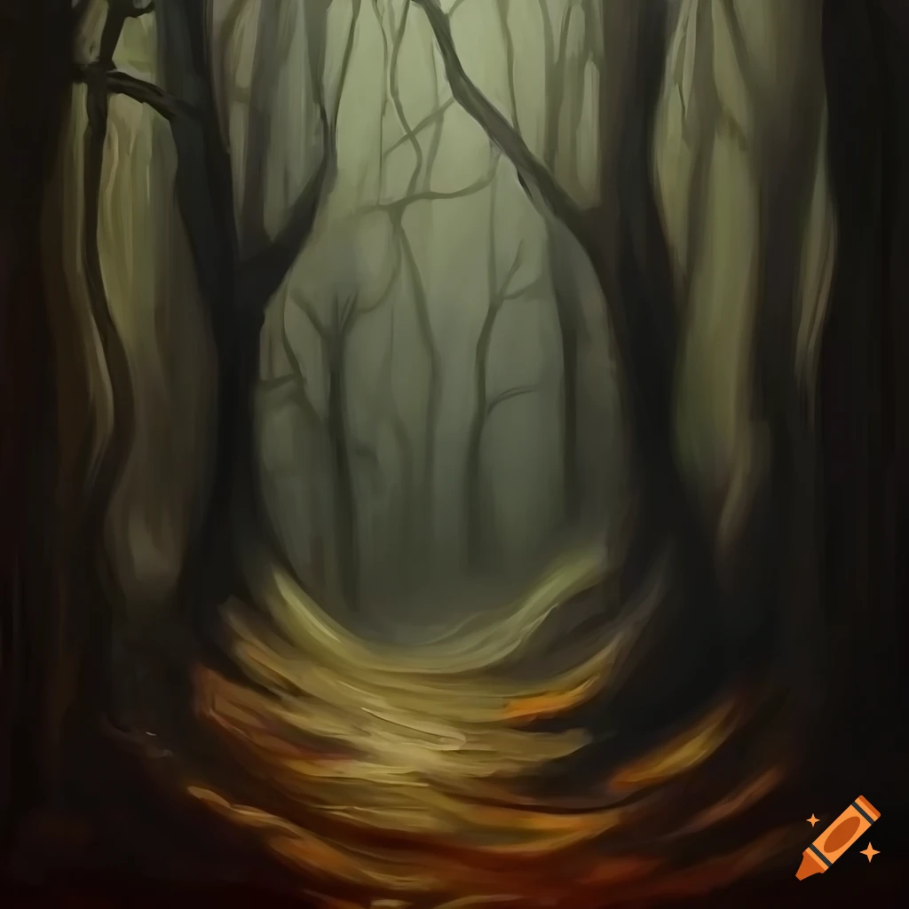 Abstract oil painting of a dark doorway to a witches hut in a creepy forest