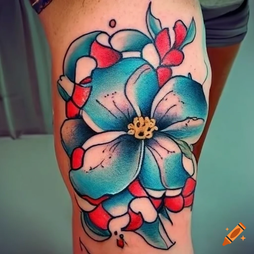 Traditional tattoo design of blue dogwood flowers on the knee