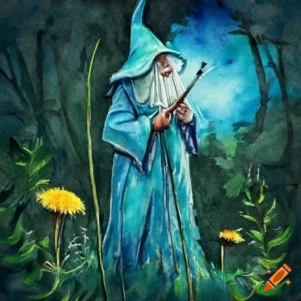 Wizard in a land of dandelions with green, black, and blue colors in pencil drawing style