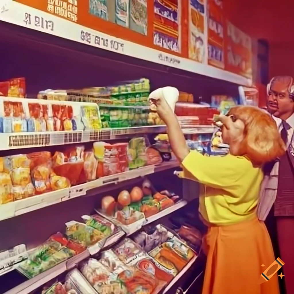 Retro 1970s supermarket scene with colorful aisles and customers selecting toothpaste