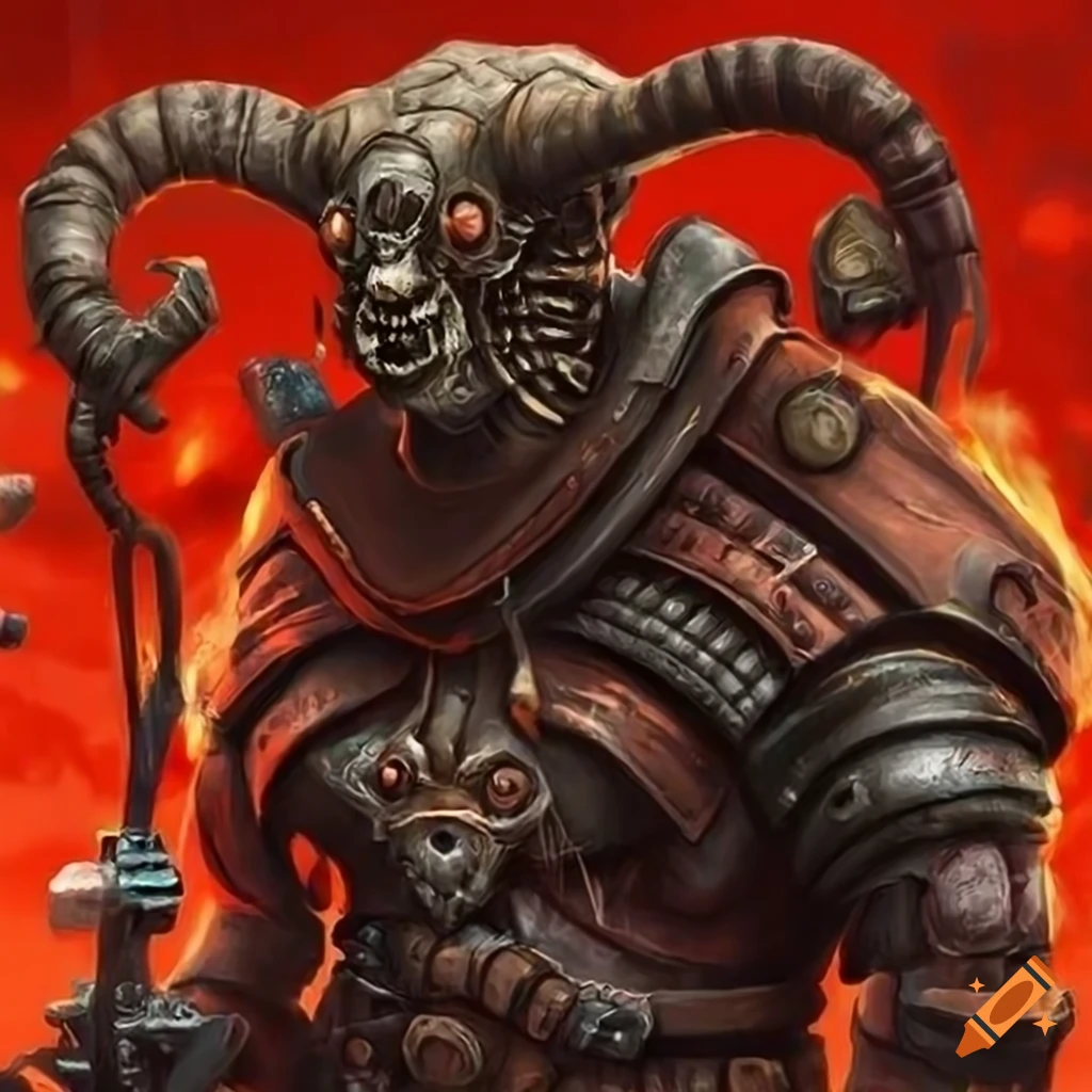Dieselpunk demonic soldier with a skeletal ram's head and red fire orbs