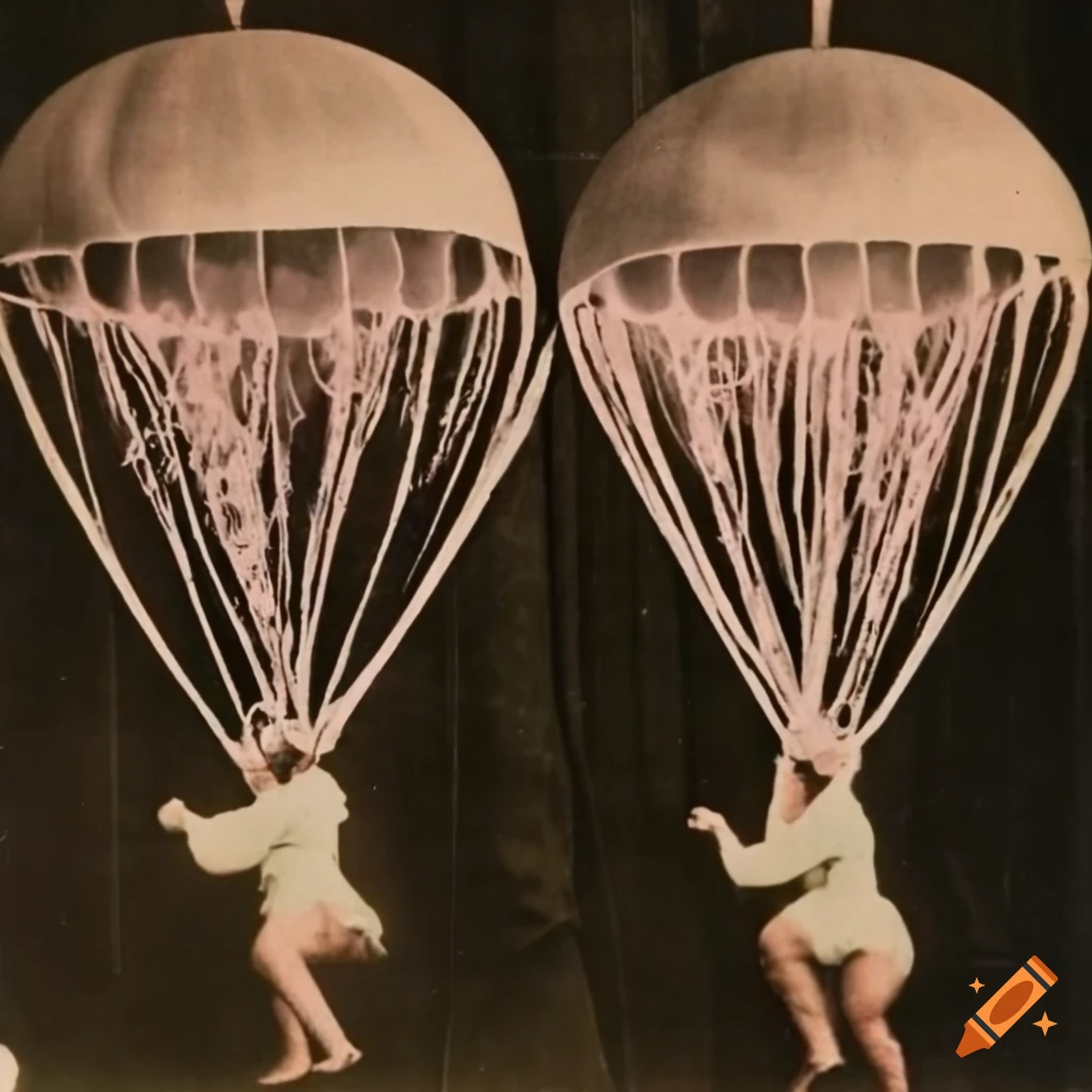 1890s hand-colored parachute collage with a fire jellyfish in a TV movie sphere