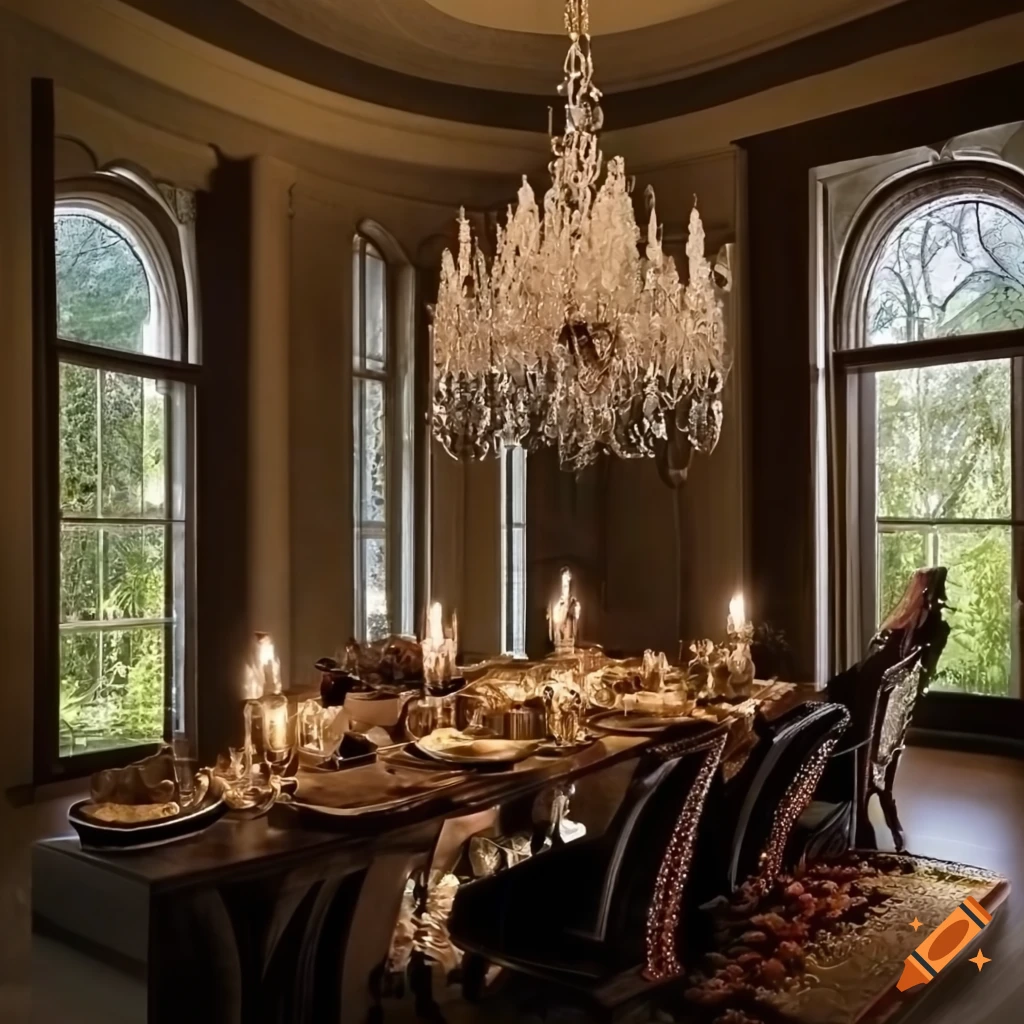 Elegant dining room with crystal chandelier, dark wood table, and ...