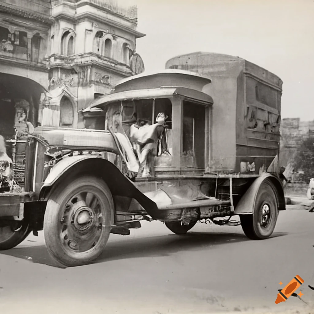 Vintage photograph of British skunk water spray truck attack on Kolkata circa 1920