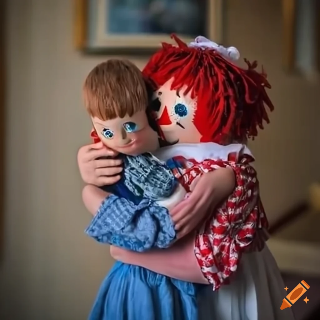 Raggedy Ann showing strength by carrying a boy in a colorful room