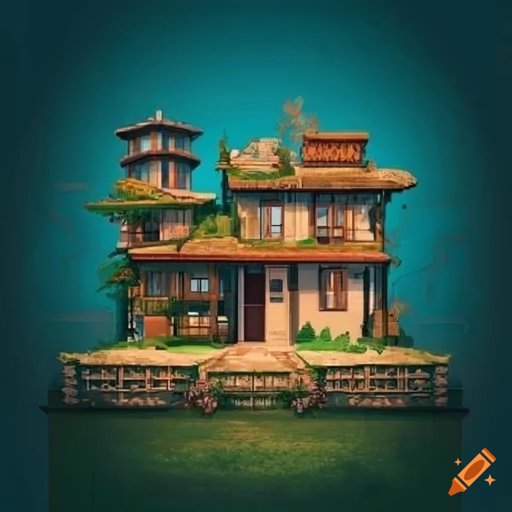 Front view of a cozy SolarPunk style rural building