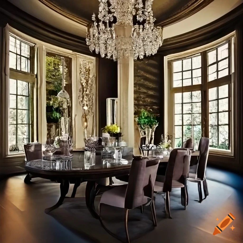 Elegant dining room with crystal chandelier, dark wood table, and ...