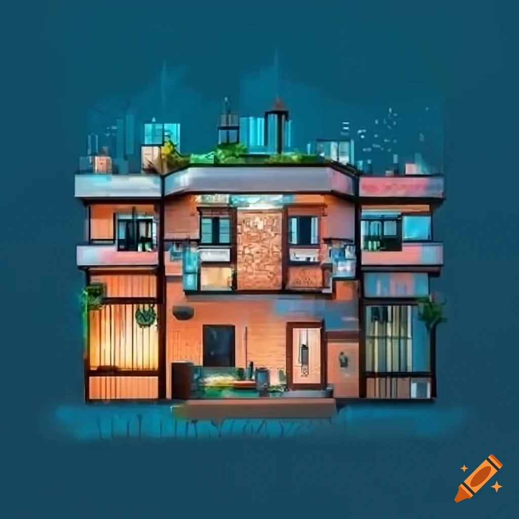 Front view of a cozy SolarPunk style urban building