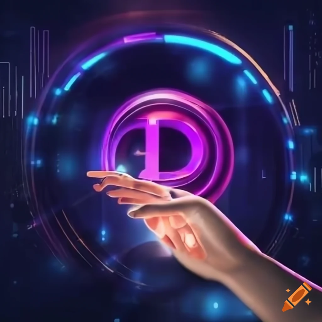 Digital hands transferring a crypto coin against a dynamic background in a sleek banner design