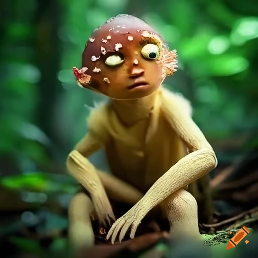 Curious humanoid mushroom creature exploring a magical forest