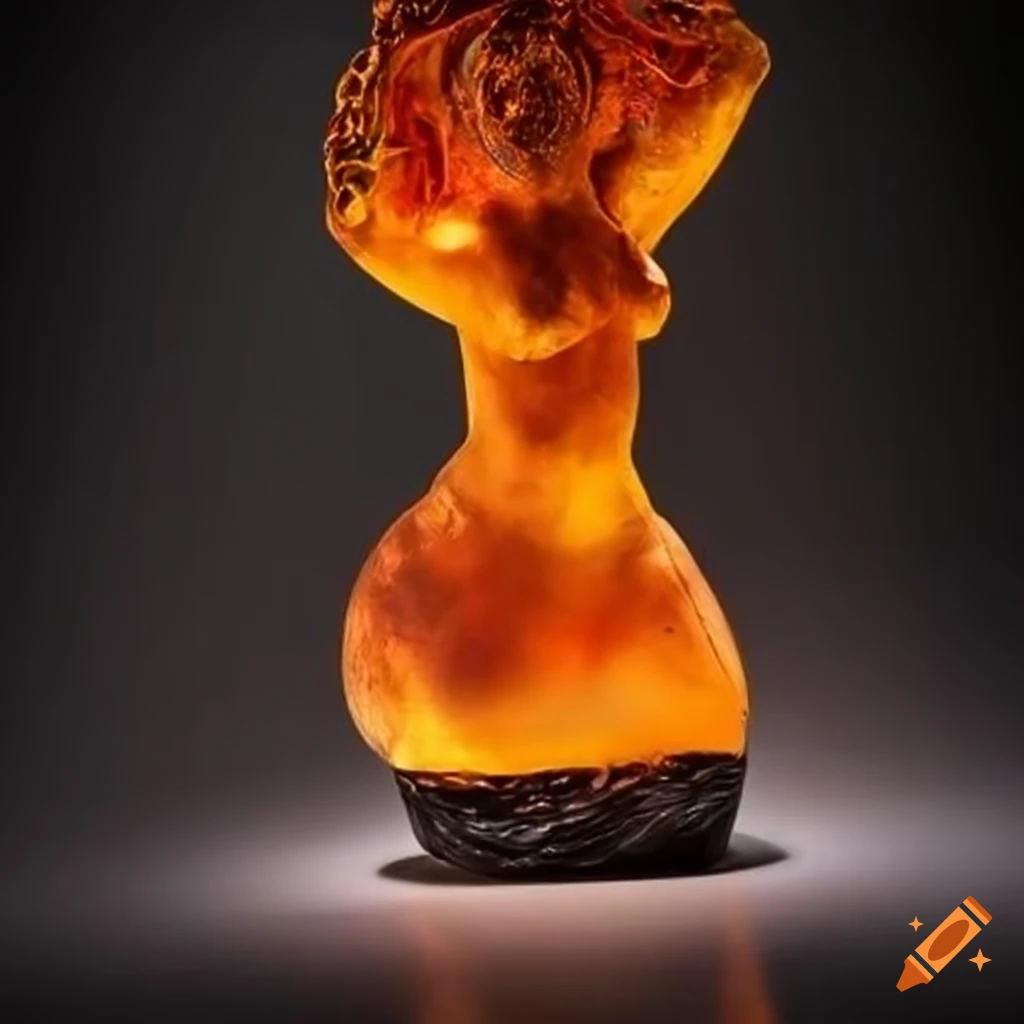 Animated molten iron and concrete goddess glass sculpture