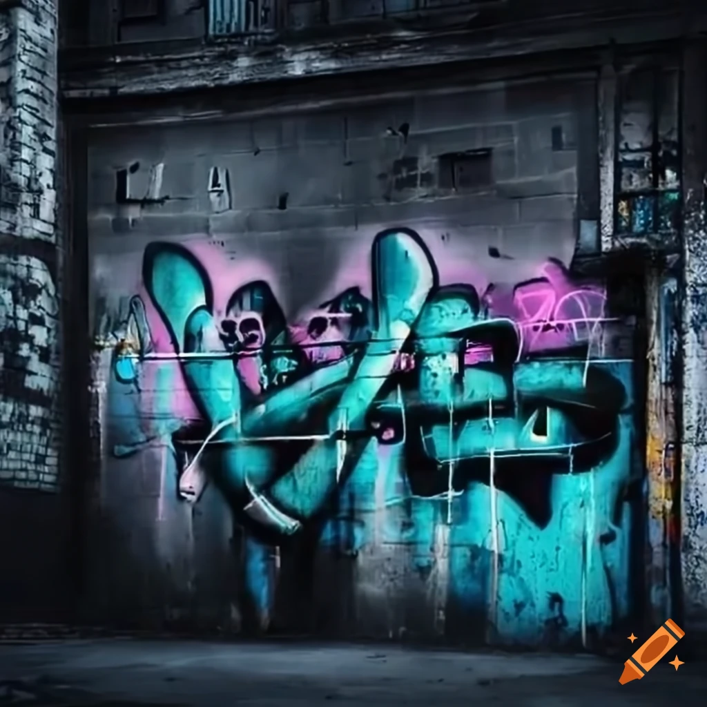 Industrial wall with ghostly graffiti under neon lights in the streets