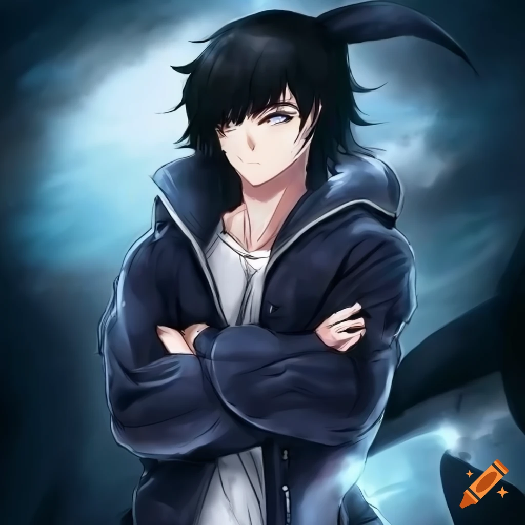 Anime human orca hybrid male with a jacket and black hair