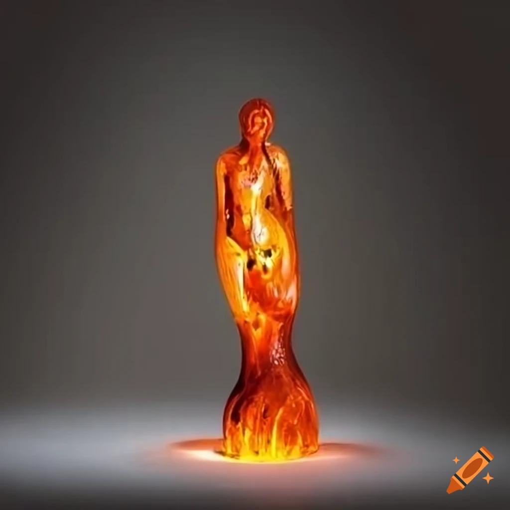 Cell-shaded glass sculpture of a molten iron goddess