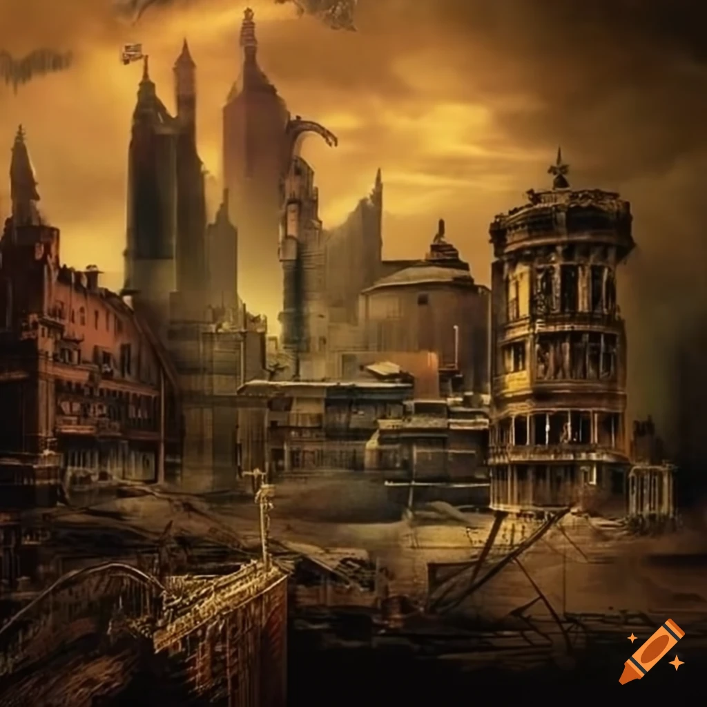 Steampunk Bauhaus collage hyperreal landscape