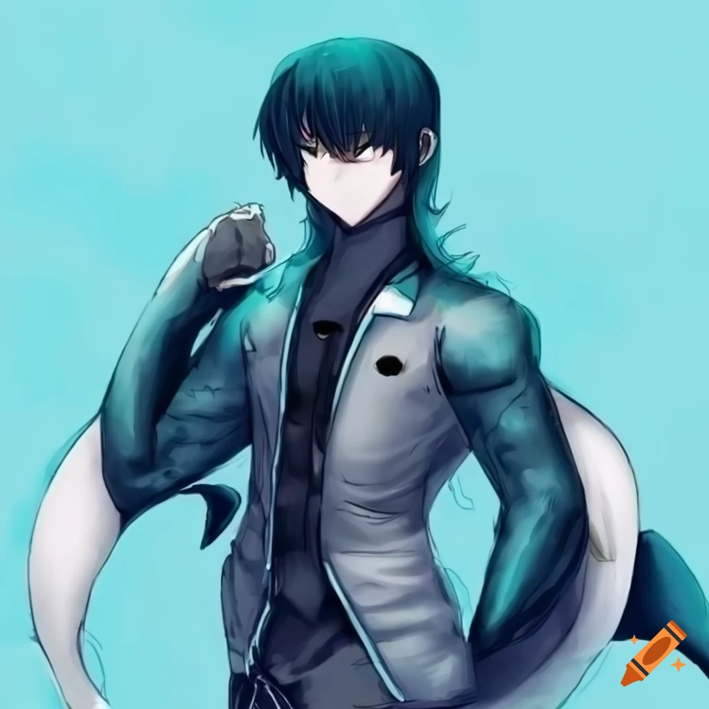 Anime human-orca hybrid male wearing a jacket