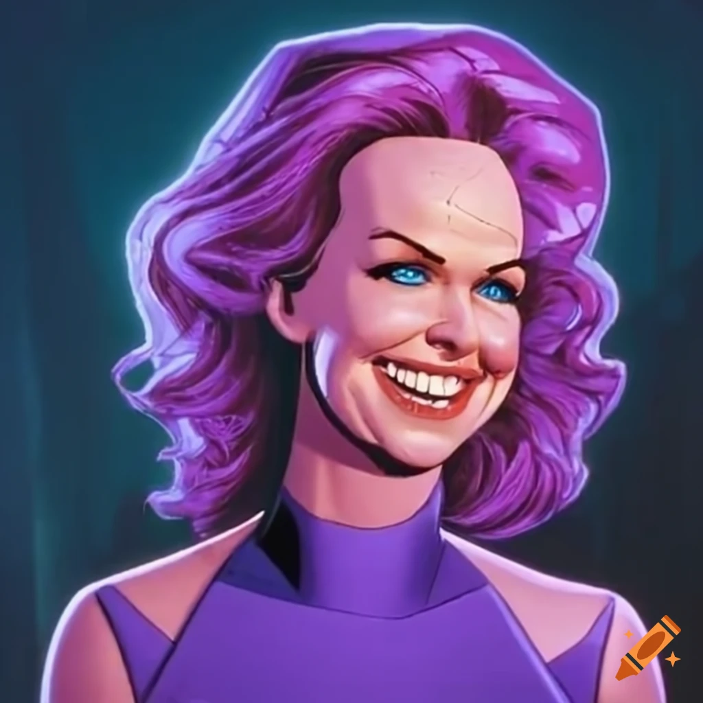 Close-up of Melora Hardin laughing with purple glowing eyes in a Marvel animated series from 1997