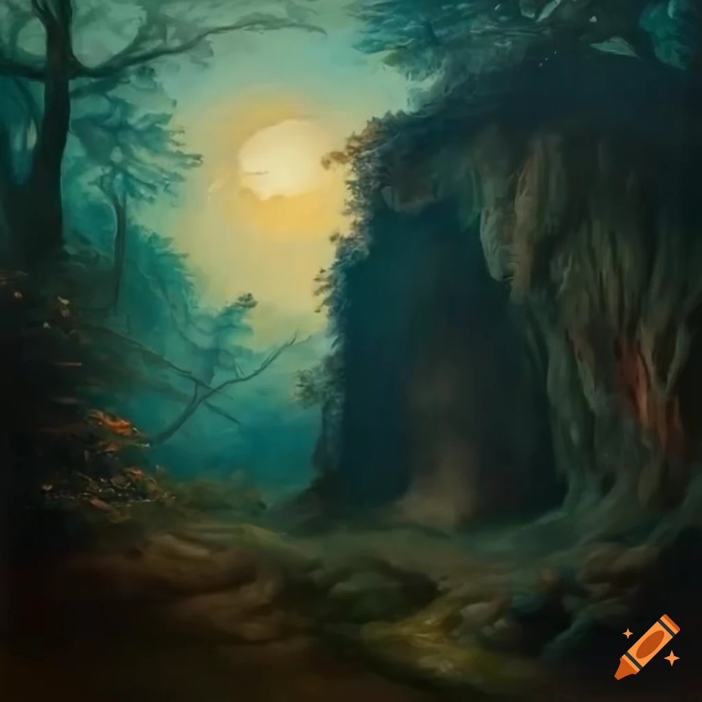 Witches' cave in an enchanted forest at sunset with organic walls