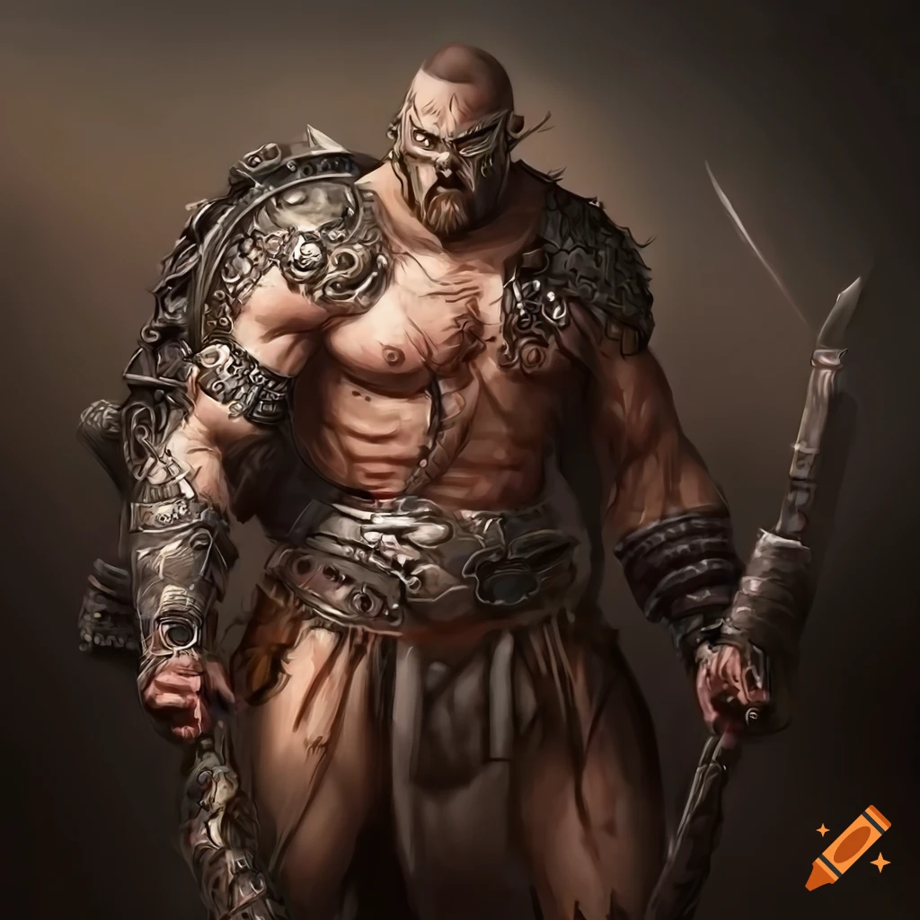 Intimidating barbarian warrior ready for battle in detailed armor and tattoos, hyperrealistic illustration
