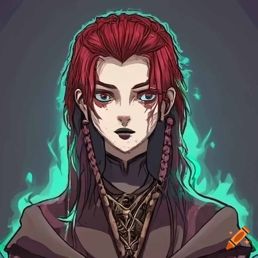 Sinister sorcerer with black tunic, 1.70 tall, and red hair for a game character