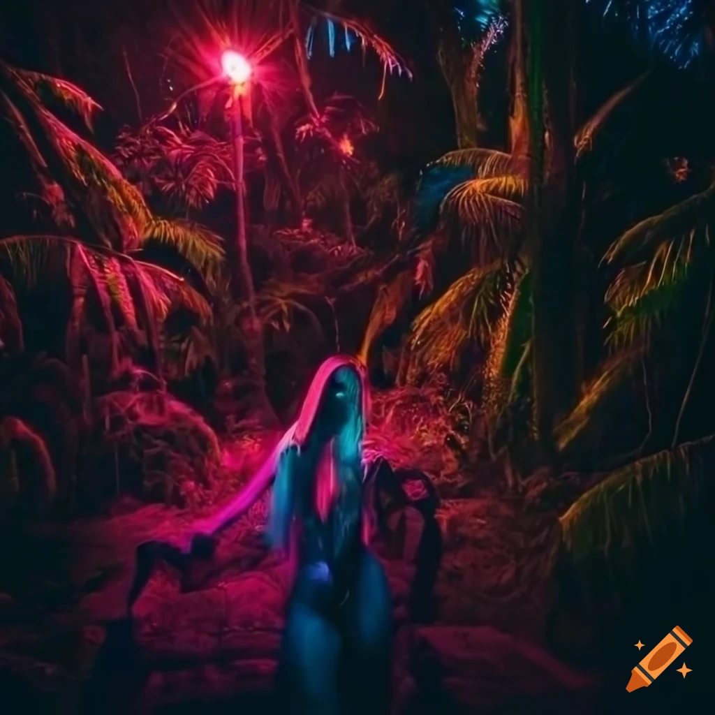 Tropical forest illuminated by neon lights at night