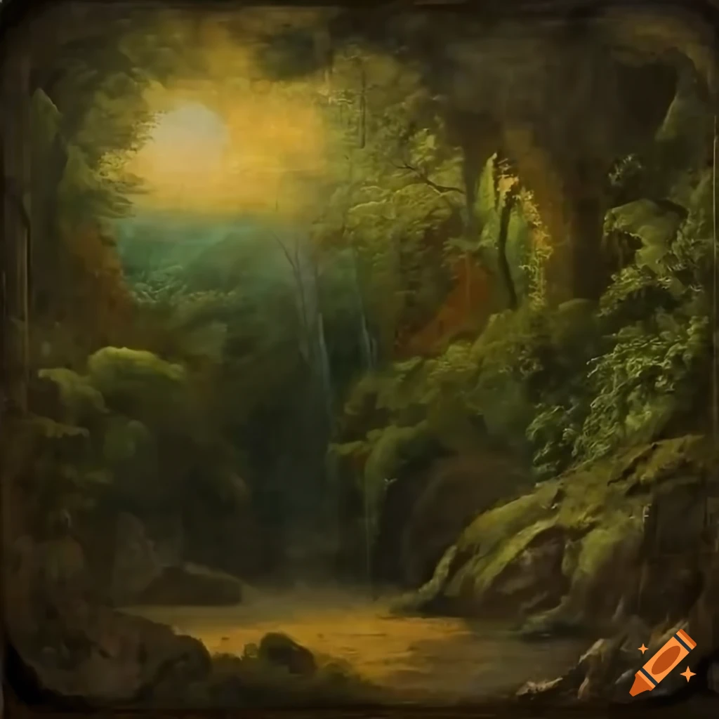 Witch's cave in enchanted forest at sunset in 18th century oil painting style