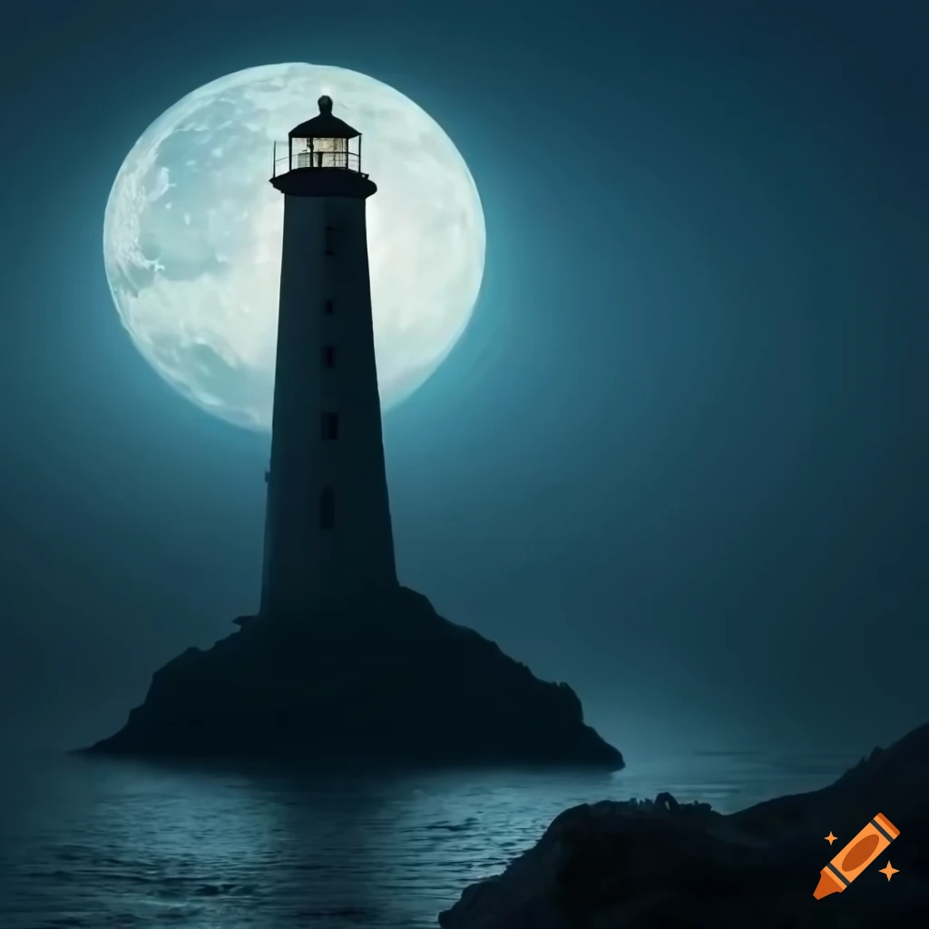 Lonely lighthouse on a rocky cliff illuminated by moonlight with a man gazing over the sea