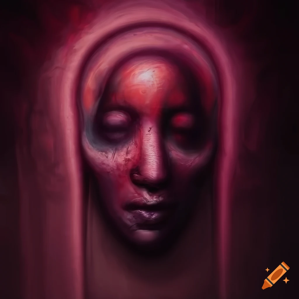 Abstract painting of a dark demon doorway with an otherworldly glow and pink flesh walls