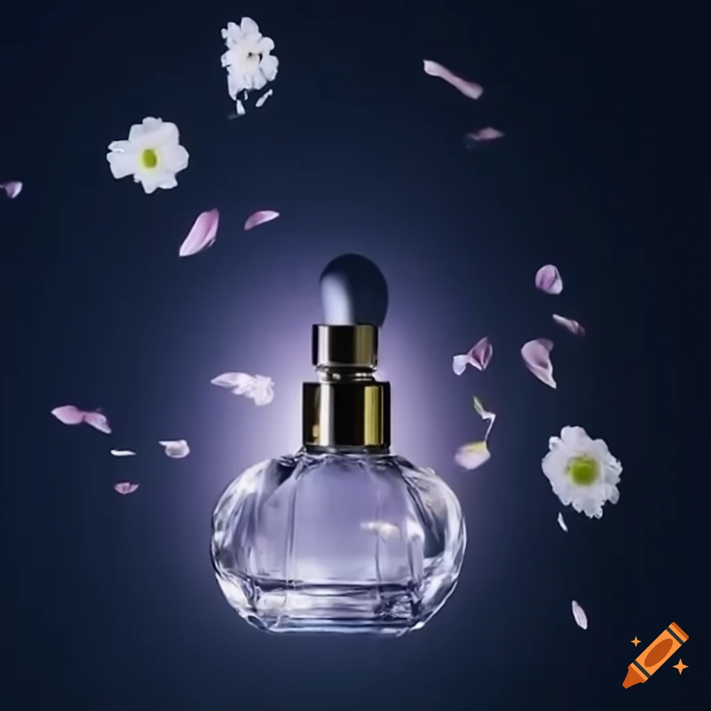 Perfume bottle surrounded by floating flowers on translucent background
