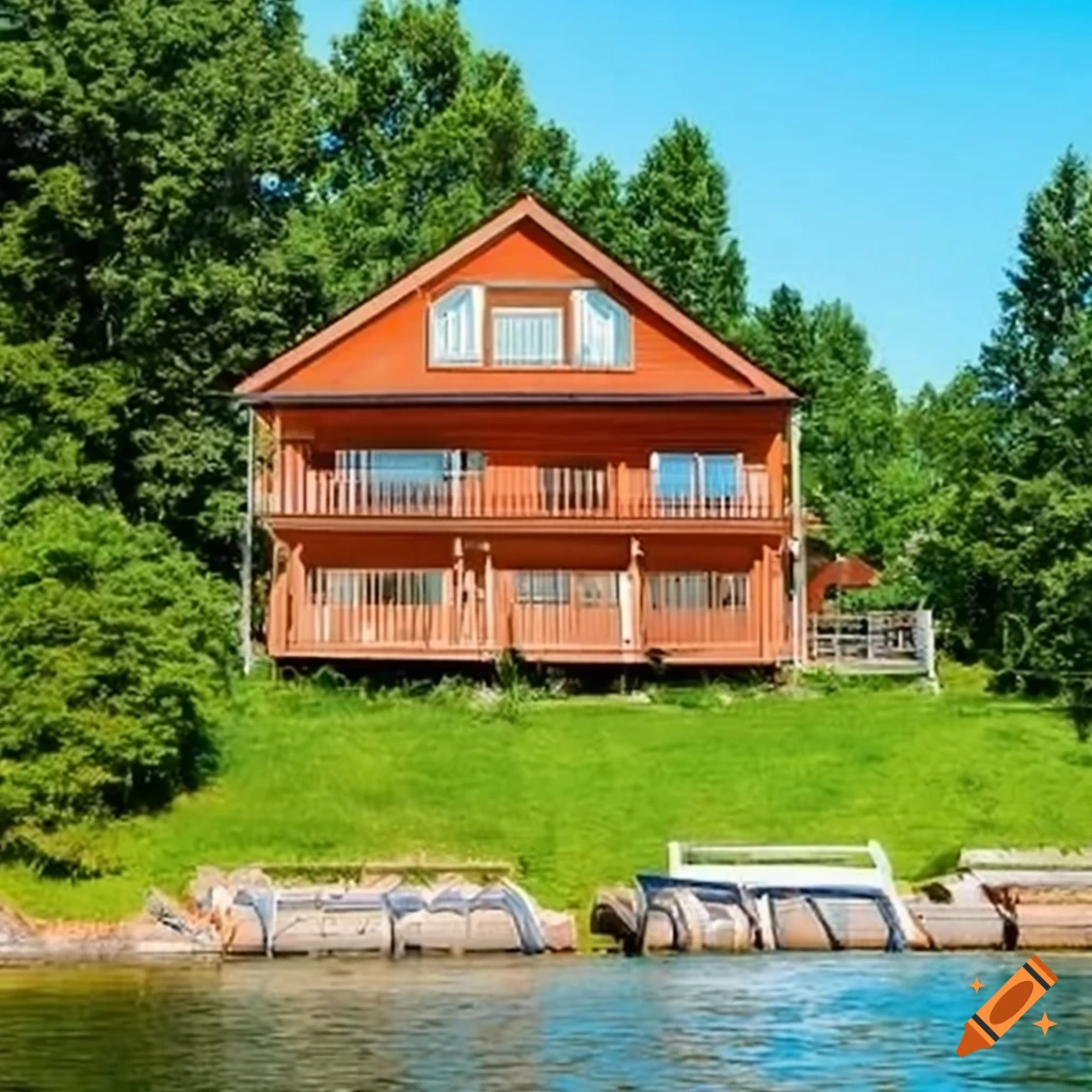 House on a lake with beach and pontoon