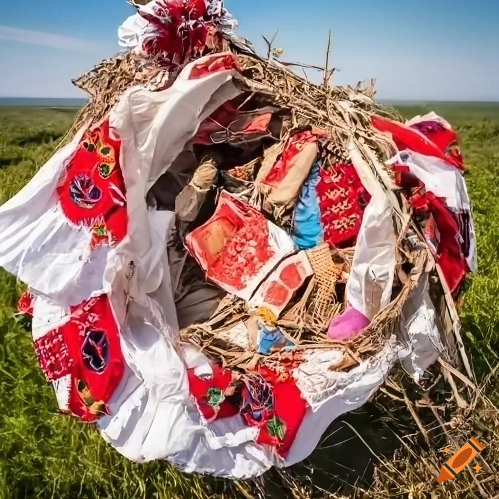 Detail of traditional Hungarian clothes caught in junk garbage web with destroyed landscape backdrop
