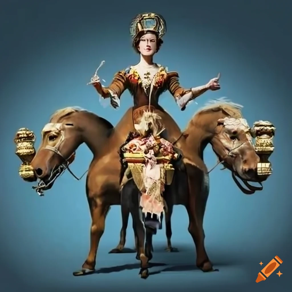 Woman in 1800s clothing riding a giant six-headed horse