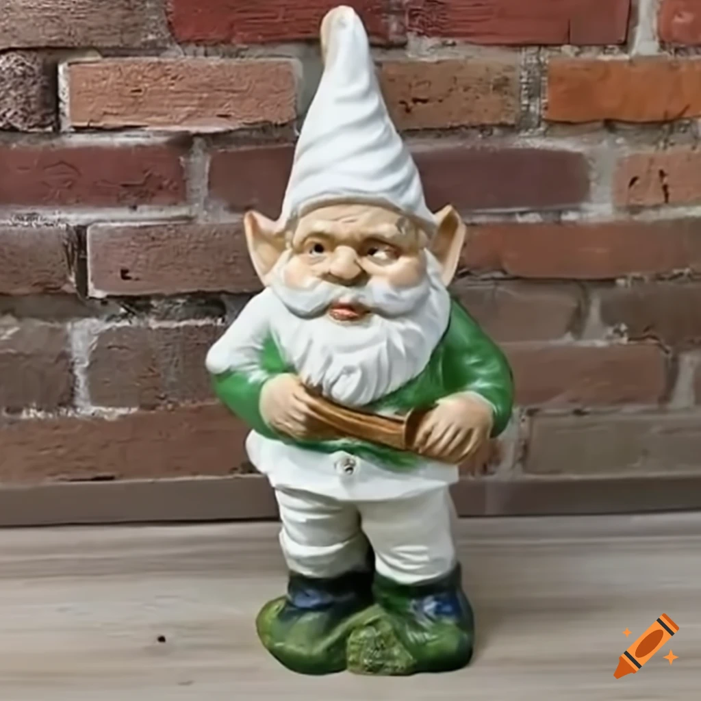 Garden gnome with a pointy white hood in a whimsical setting