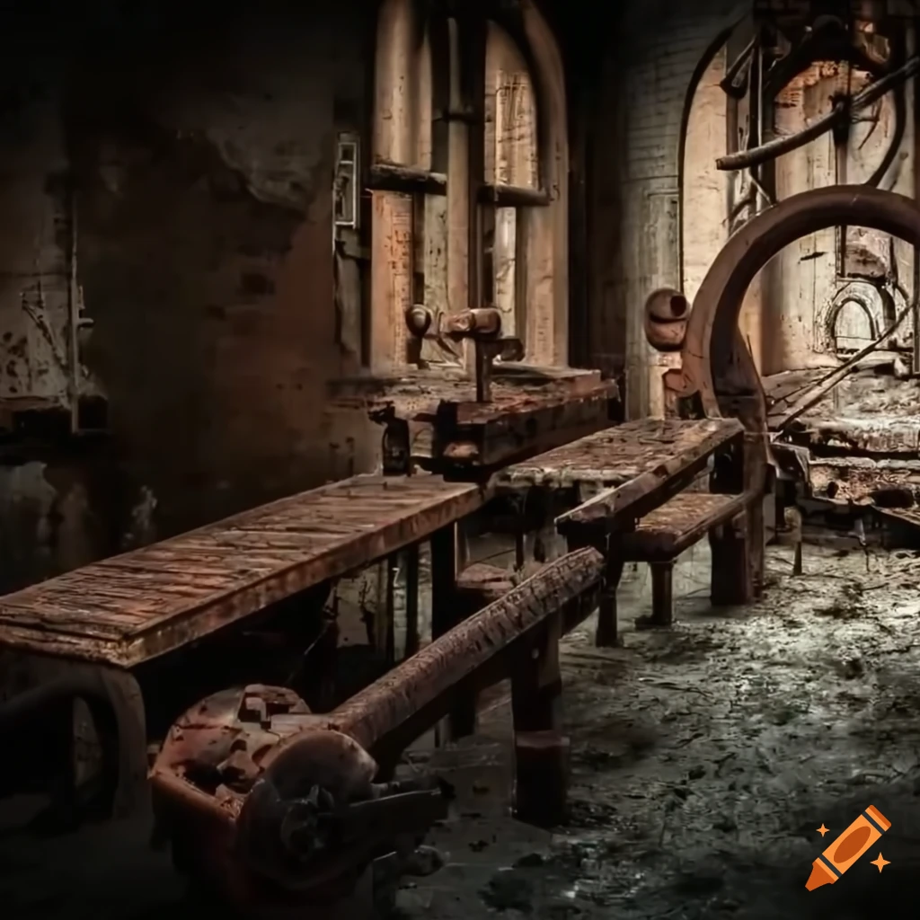 Derelict steampunk factory with rusted machinery and benches from high ...