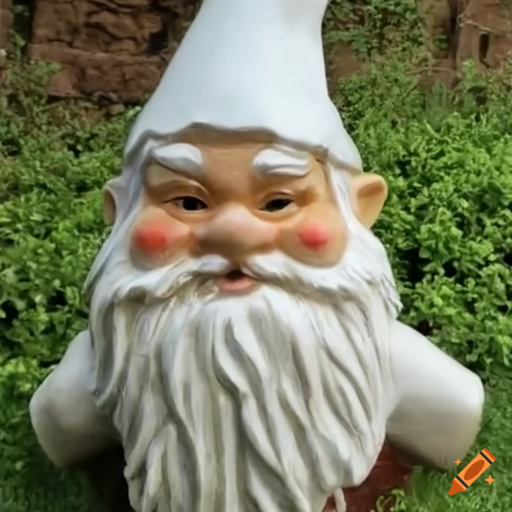 Garden gnome in a pointy white hood in a European setting