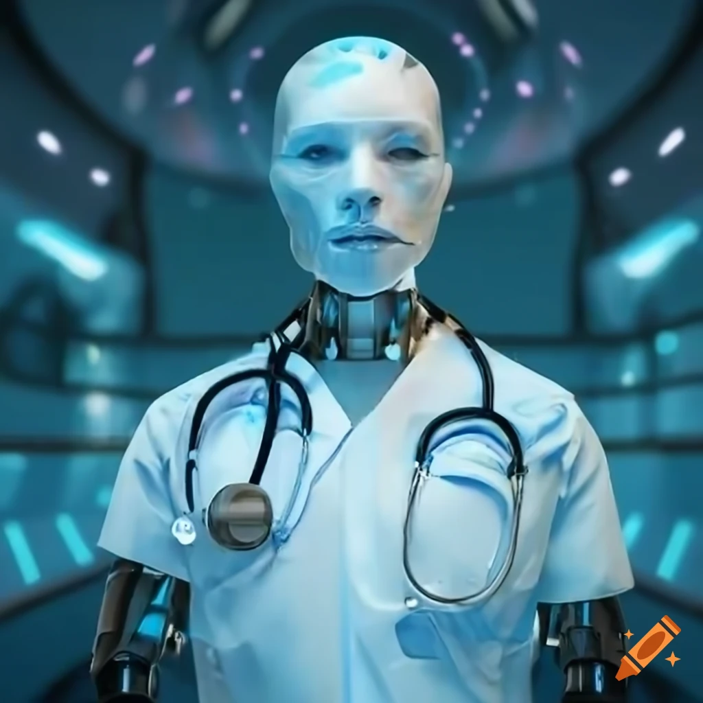 Advanced medical Doctor cyborg working in a futuristic hospital