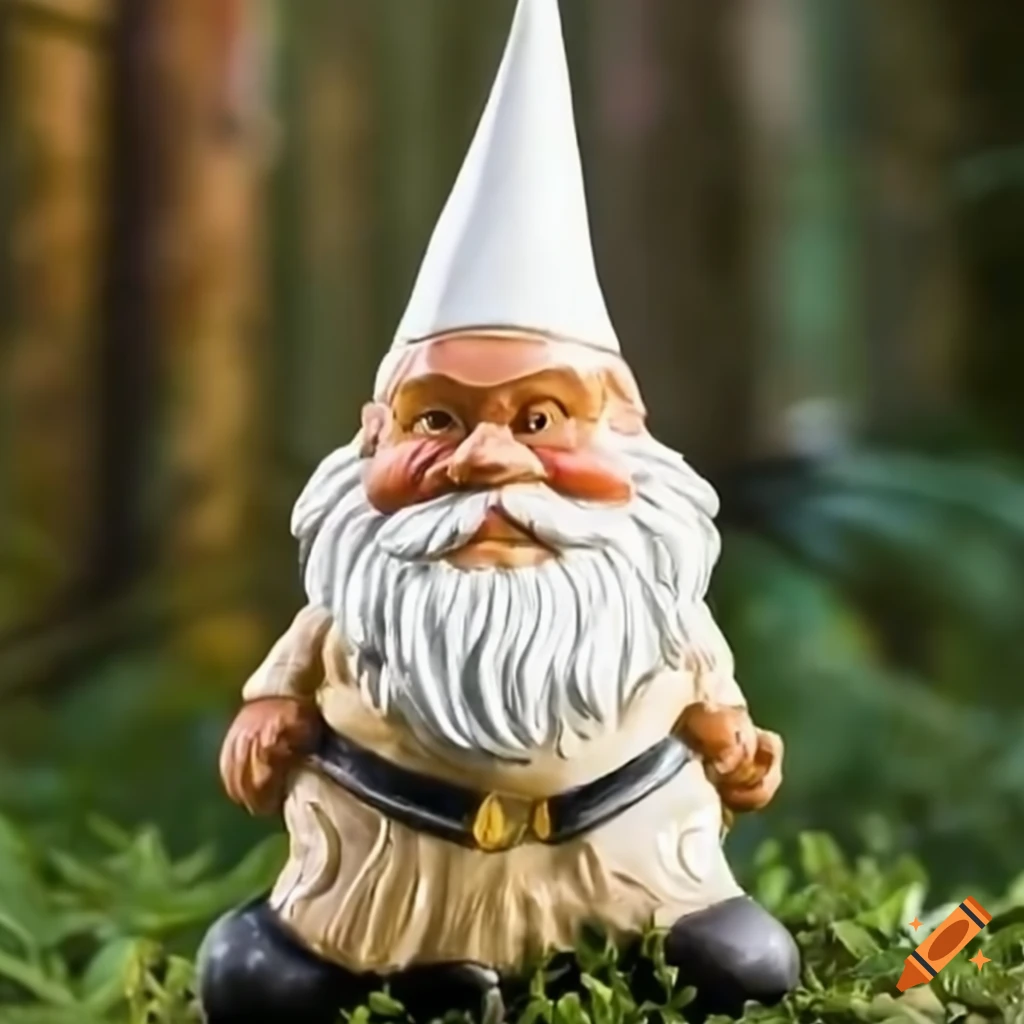 Garden gnome with a pointy white hat in a whimsical garden setting