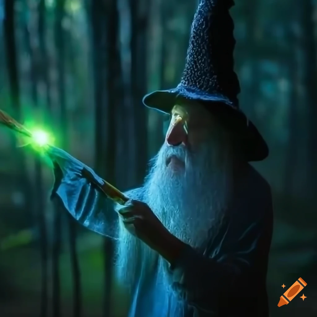 Intricately detailed wizard with long beard and hat holding a staff in a mystical forest with lightning