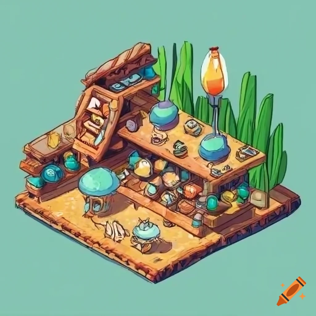Isometric sci-fi alchemy shop with large glass vats and vegetation in Studio Ghibli style