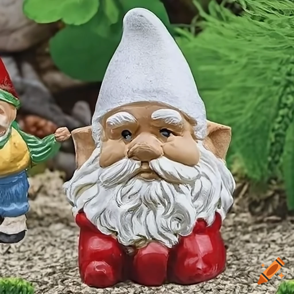 Garden gnome with a pointy white hat in a border setting
