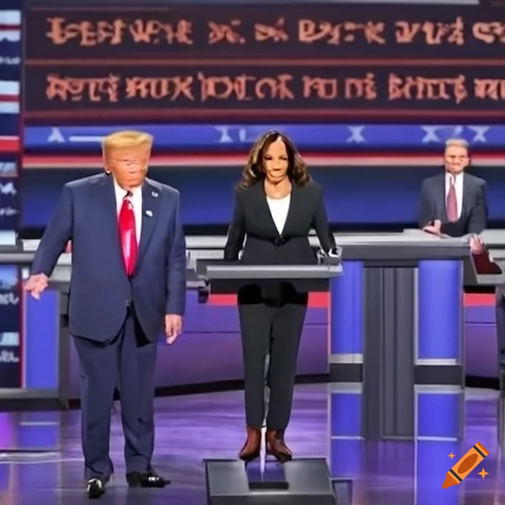 Intense political debate scene with Trump and Kamala Harris