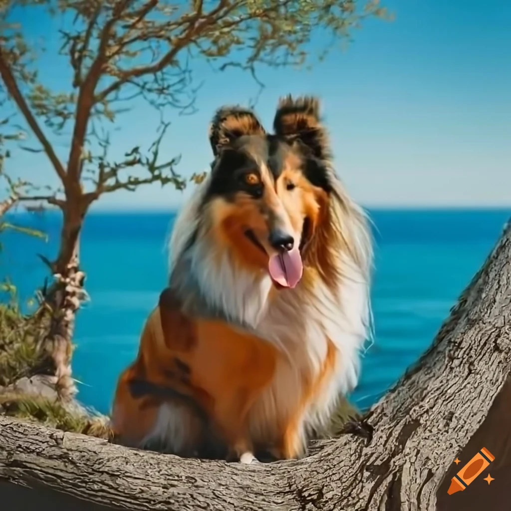Collie dog sitting in a juniper tree by the ocean